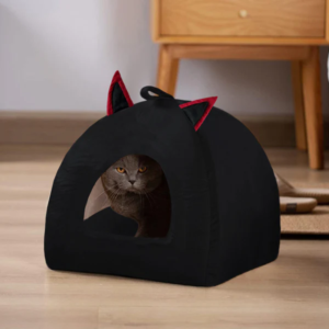Soft Velvet Dome Shaped Portable Pet House – Cozy Indoor Cat & Small Dog Bed - Black Color