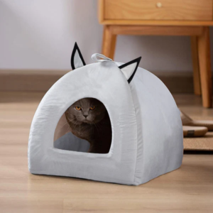Soft Velvet Dome Shaped Portable Pet House – Cozy Indoor Cat & Small Dog Bed - Grey Color